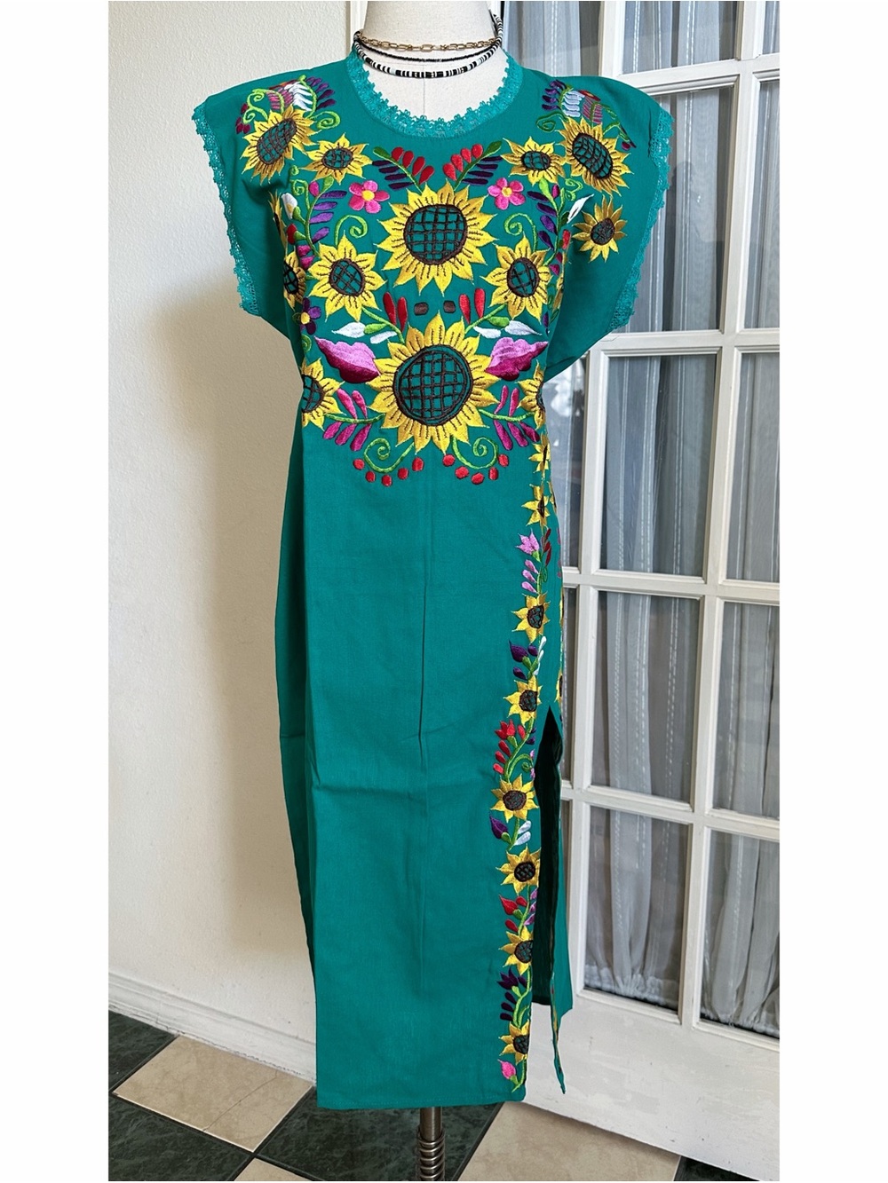 MEXICANA Midi Dress with Colorful Floral Embroidery
